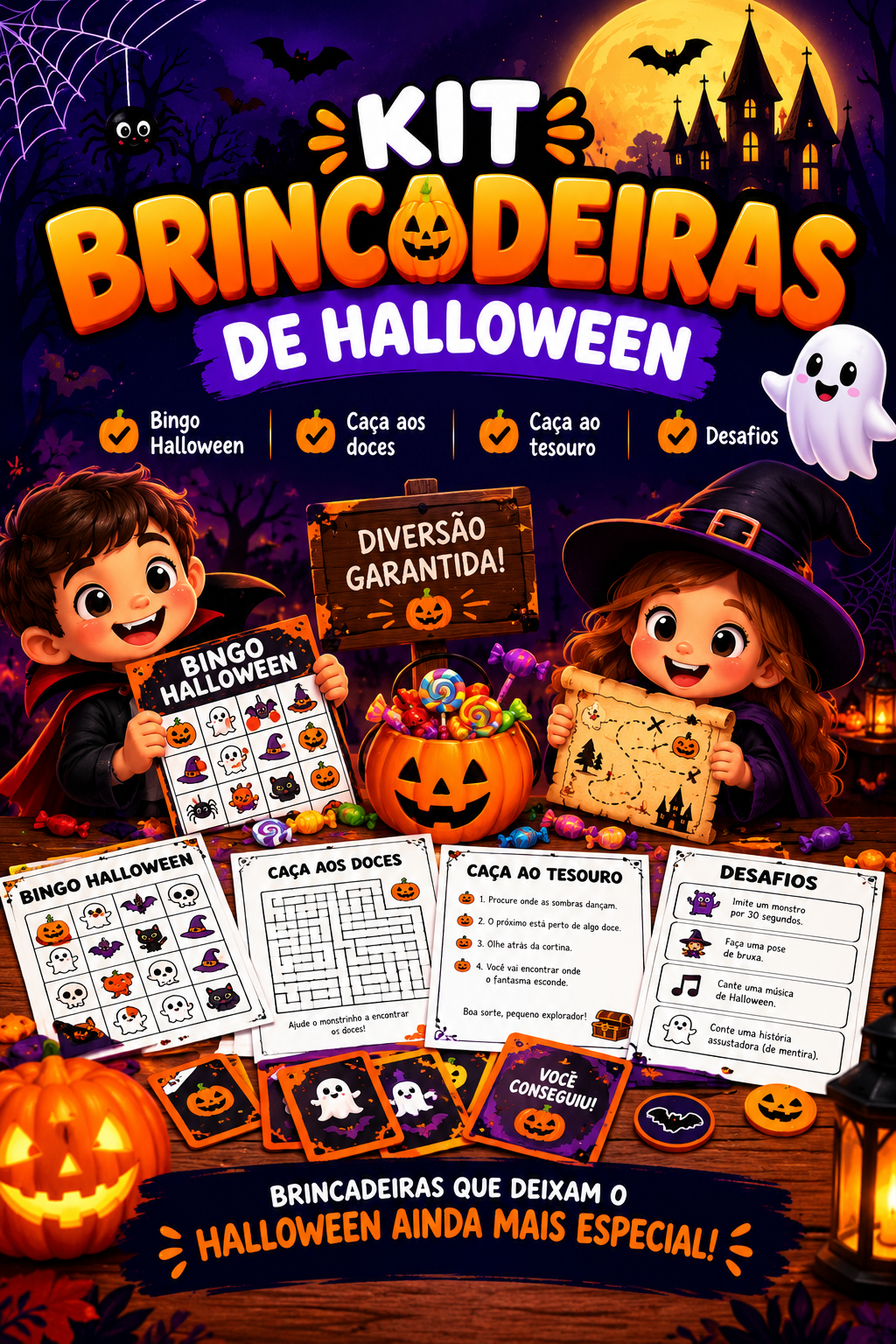 Capa do Kit Brincadeiras de Halloween com bingo, caça aos doces, caça ao tesouro e desafios